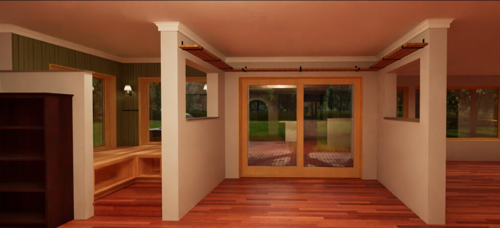 Fort Collins dining room and book nook addition. 3D rendering shows a cozy nook for reading, and a spacious new dining area.